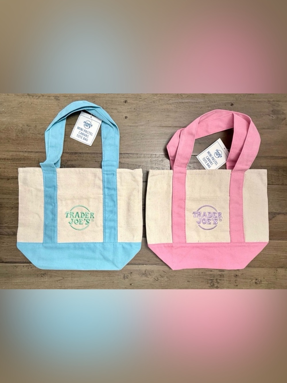 Trader Joe’s Mini Pastel Canvas Tote Bags Set - Pink and Blue
